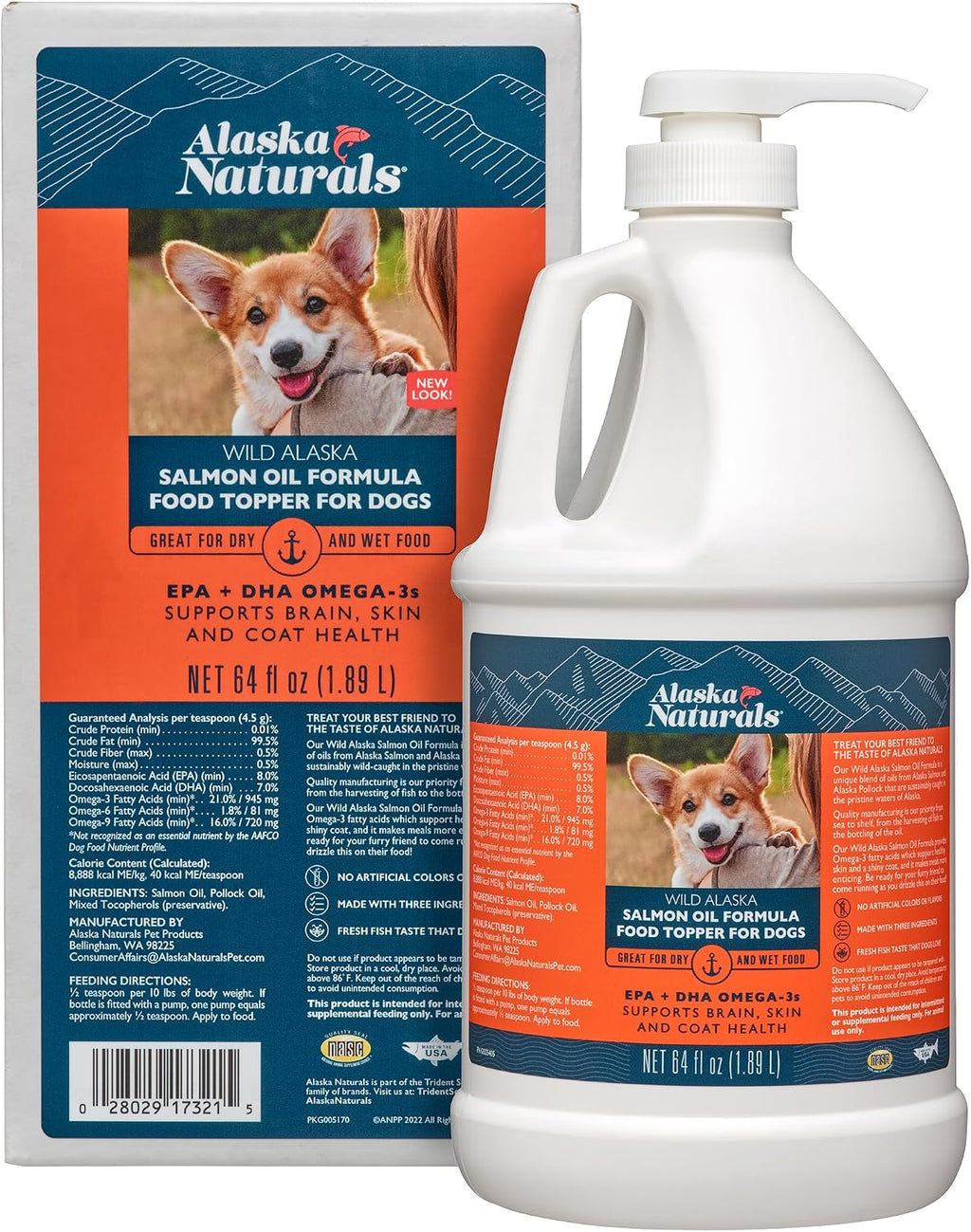 Wild Alaskan Salmon Oil for Dogs - Omega 3 EPA & DHA Supplement - 64 fl oz (1.9 L) with Pump