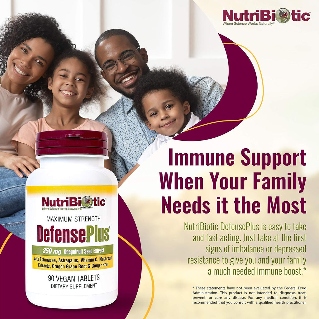 NutriBiotic – DefensePlus, 90 Comprimidos – Apoyo Inmunitario 11 en 1 con Vitamina C, Zinc, Extracto de Semilla de Pomelo, Equinácea, Astrágalo y Hongos – Vegano y Sin Gluten