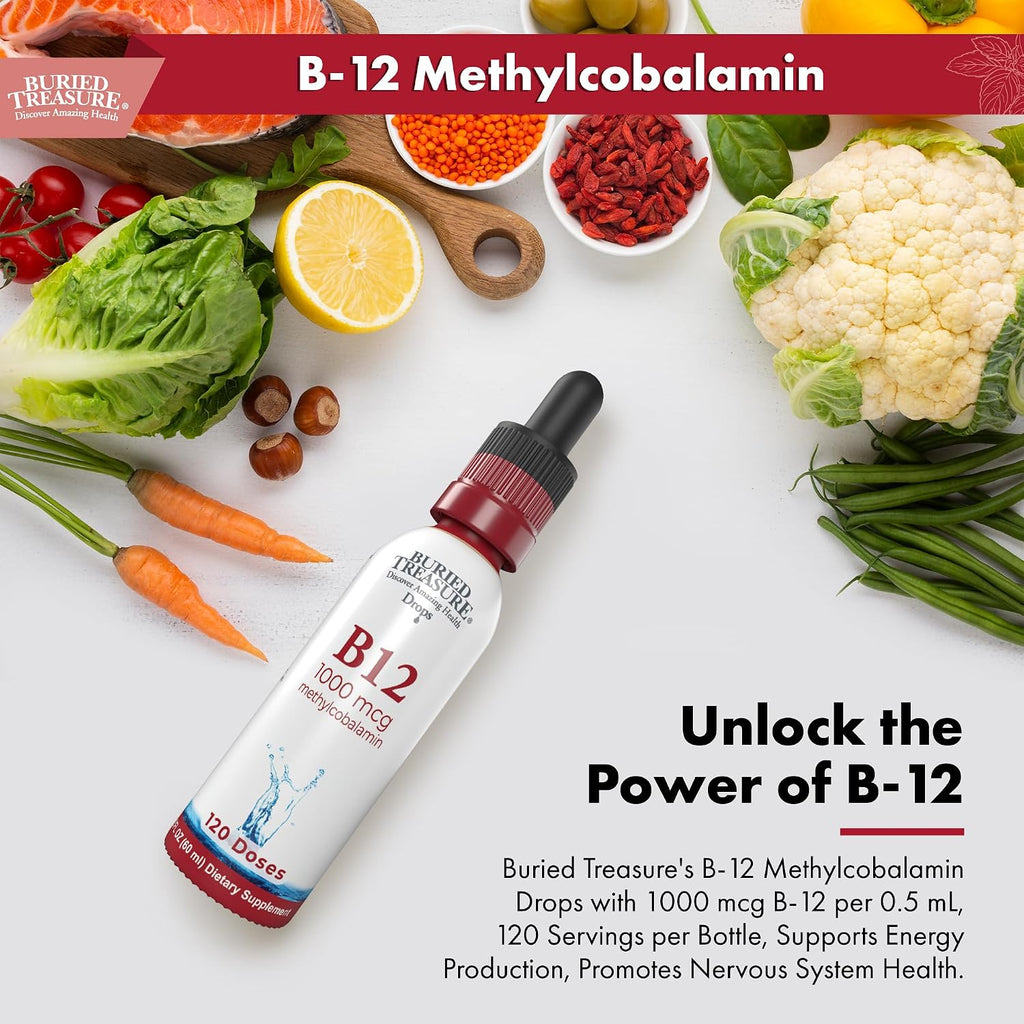 Buried Treasure Gotas de Vitamina B12 - 1000mcg Metilcobalamina por Dosis, 120 Dosis - Sublingual, Vegano, Sin Alcohol, Sabor Frambuesa, 60 ml