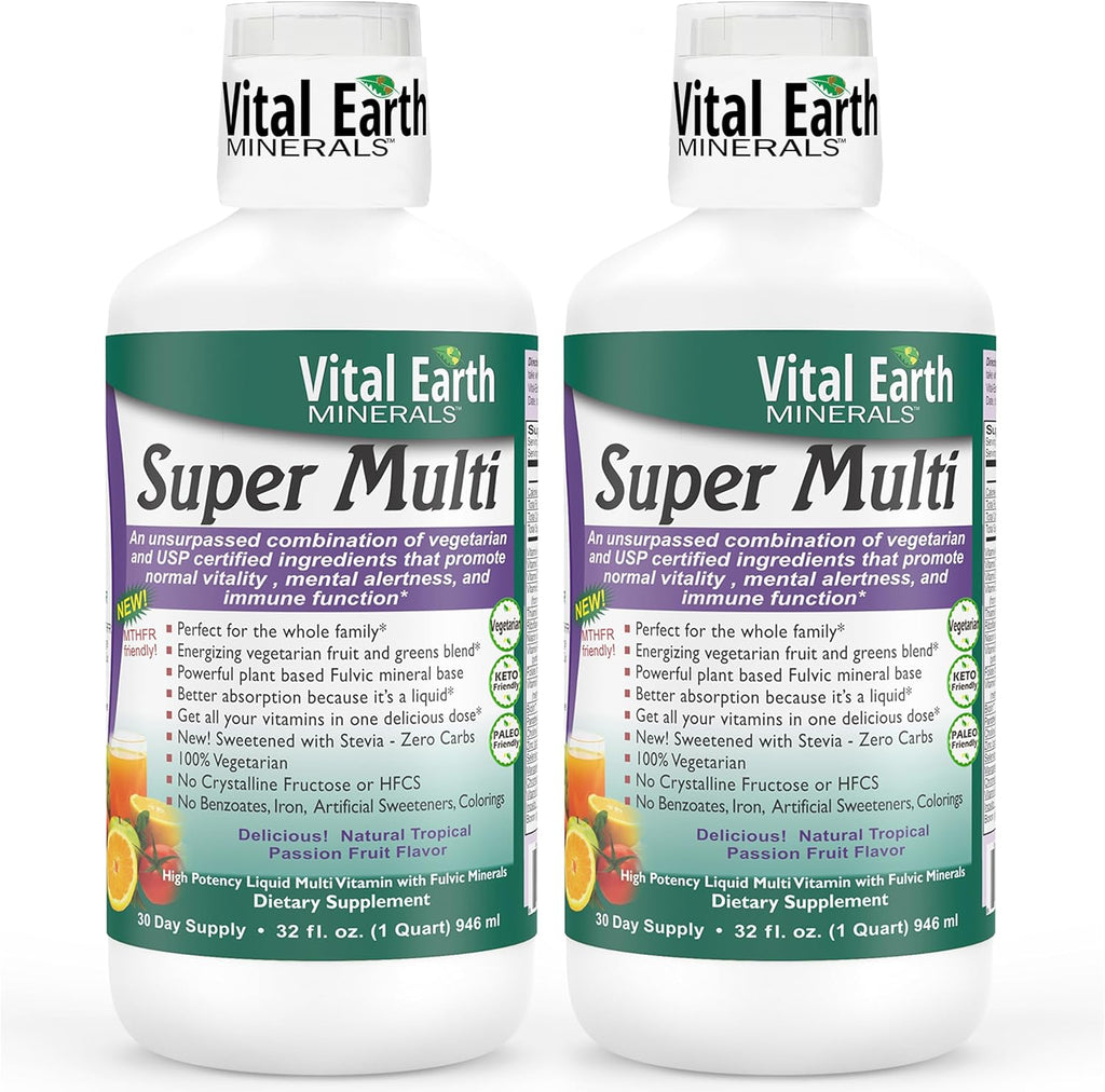 Vital Earth Minerals Super Multi - Multivitamínico Líquido con Ácido Fúlvico, 2 Pack de 946 ml + Vaso de 30 ml