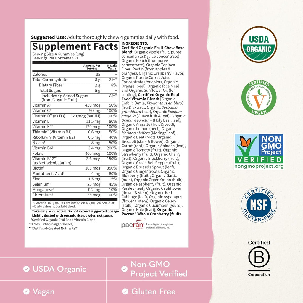 Garden of Life Organics Women's Gummies - Multivitamínico para mujeres con Metil B12, C y D3, Orgánico, Vegano, Sabor Bayas, 120 gomitas