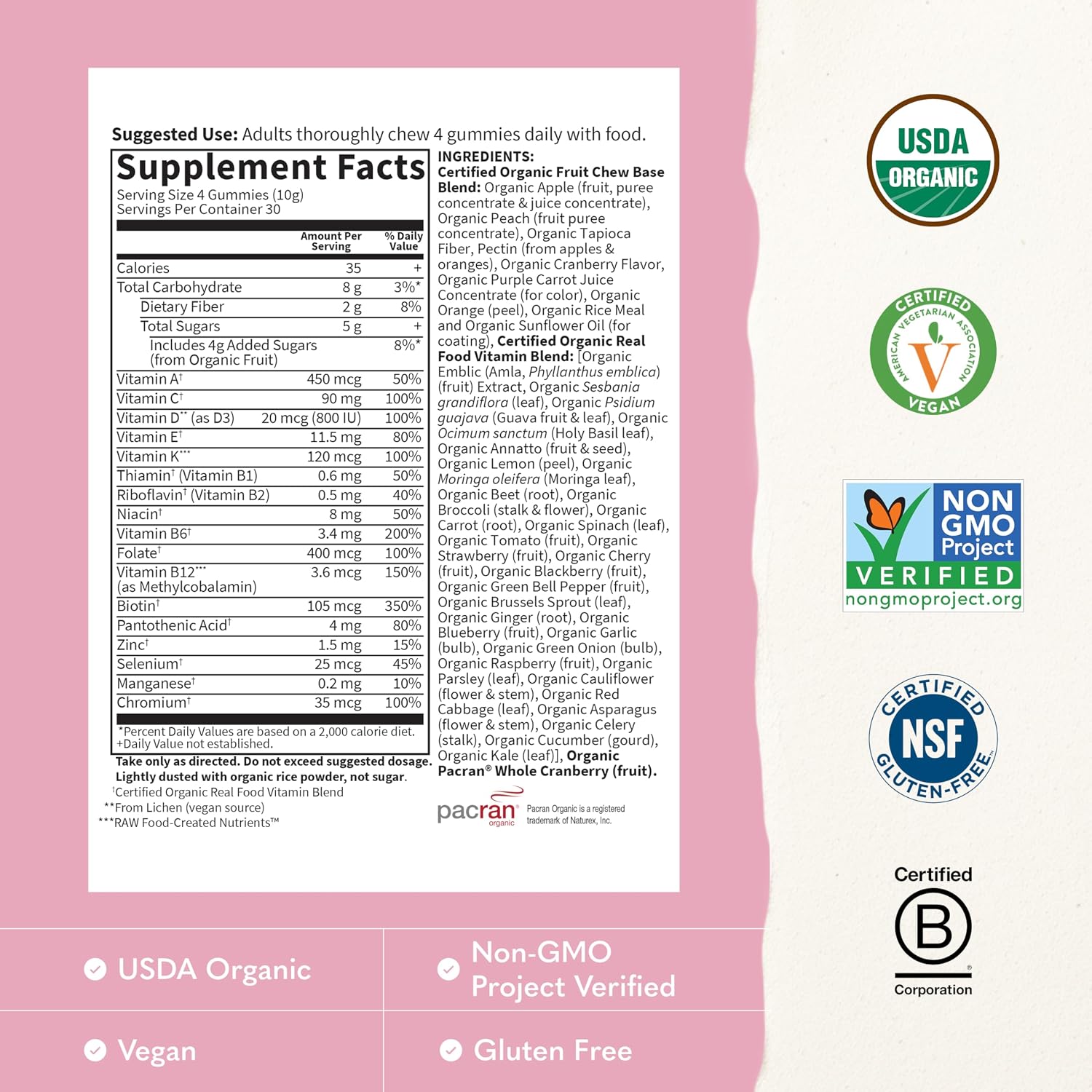 Garden of Life Organics Women's Gummies - Multivitamínico para mujeres con Metil B12, C y D3, Orgánico, Vegano, Sabor Bayas, 120 gomitas