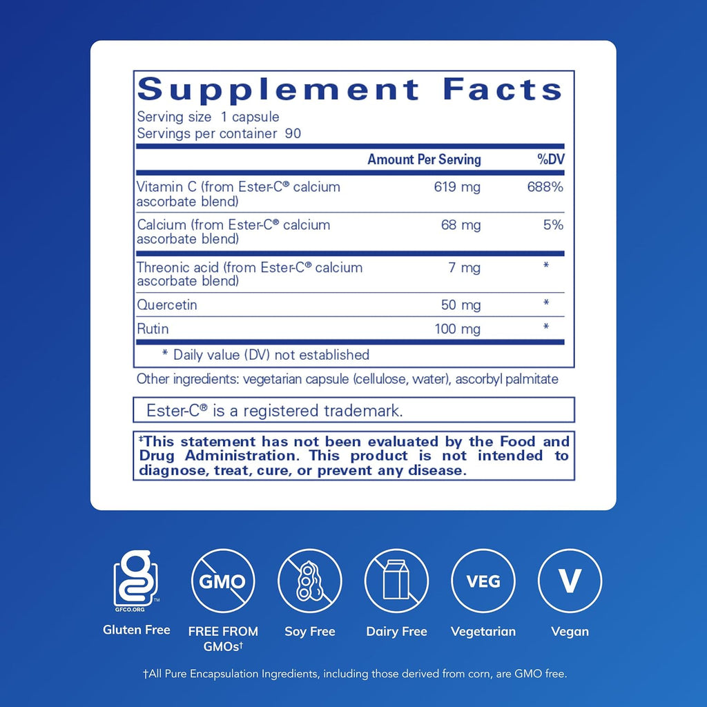 Pure Encapsulations Ester-C & Flavonoids - Vitamin C with Bioflavonoids, Quercetin, and Rutin - 90 Capsules