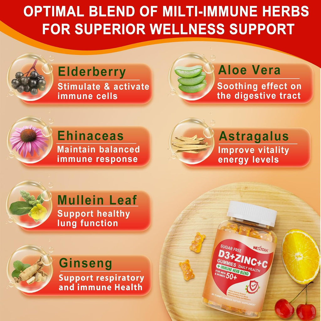 Gominolas Sin Azúcar de Vitamina C + D3 + Zinc para Adultos 50+, 9 en 1 con 5000 UI de D3, Bayas de Saúco, Equinácea, Vegano (Pack de 2)