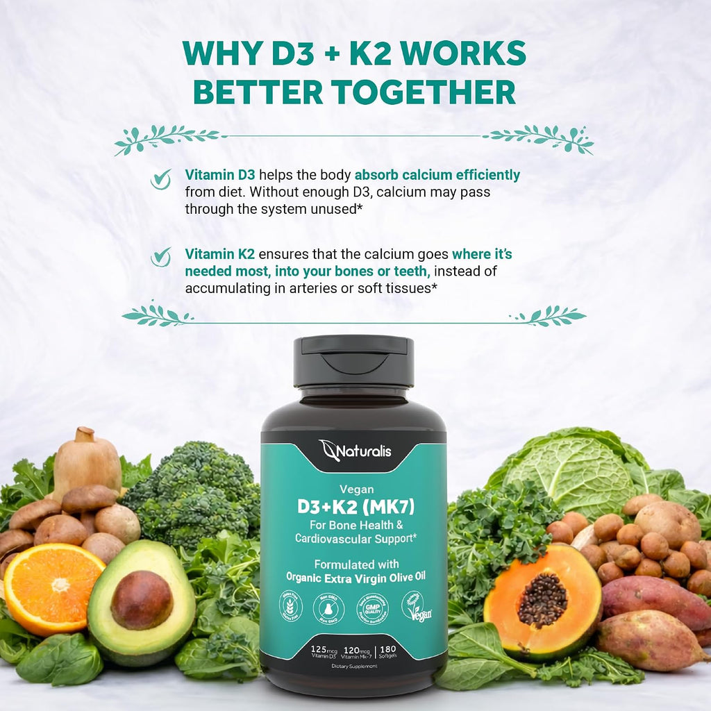 Naturalis Vitamina D3+K2 Vegana 5000 UI con MK7 120 mcg - 180 Cápsulas Blandas