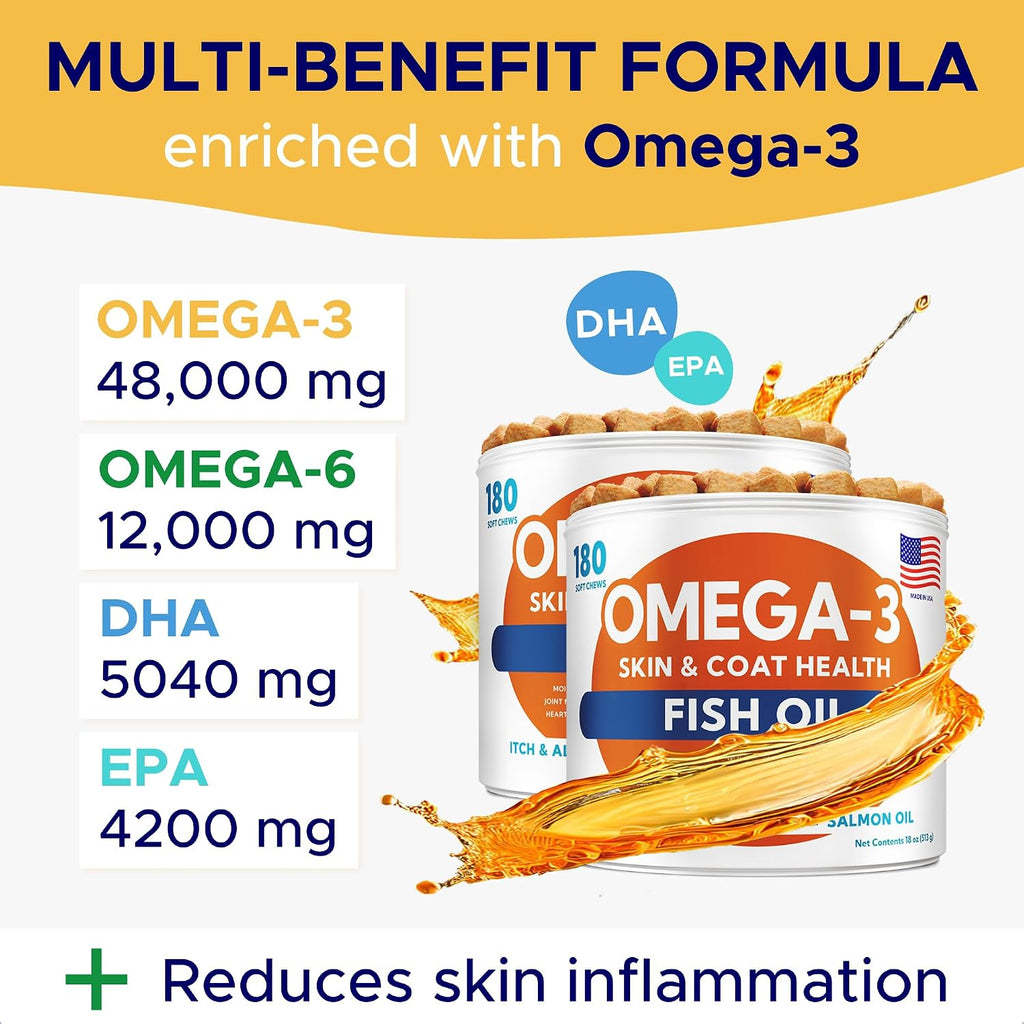 Omega 3 Alaska Aceite de Pescado en Golosinas para Perros (360 uds) - Alivio de Picazón y Apoyo para Alergias - Pelajes Brillantes - EPA y DHA - Aceite de Salmón Natural - Apoyo para Caderas y Articulaciones - Sabor a Salmón