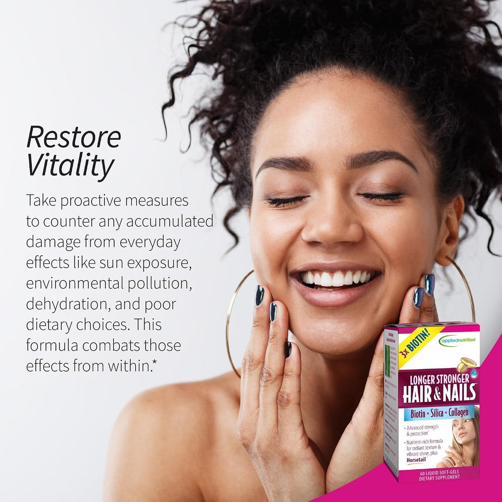 Applied Nutrition Cabello y Uñas Fuertes – 60 Cápsulas Blandas Líquidas (Pack de 6) – Biotina, Silicio y Colágeno