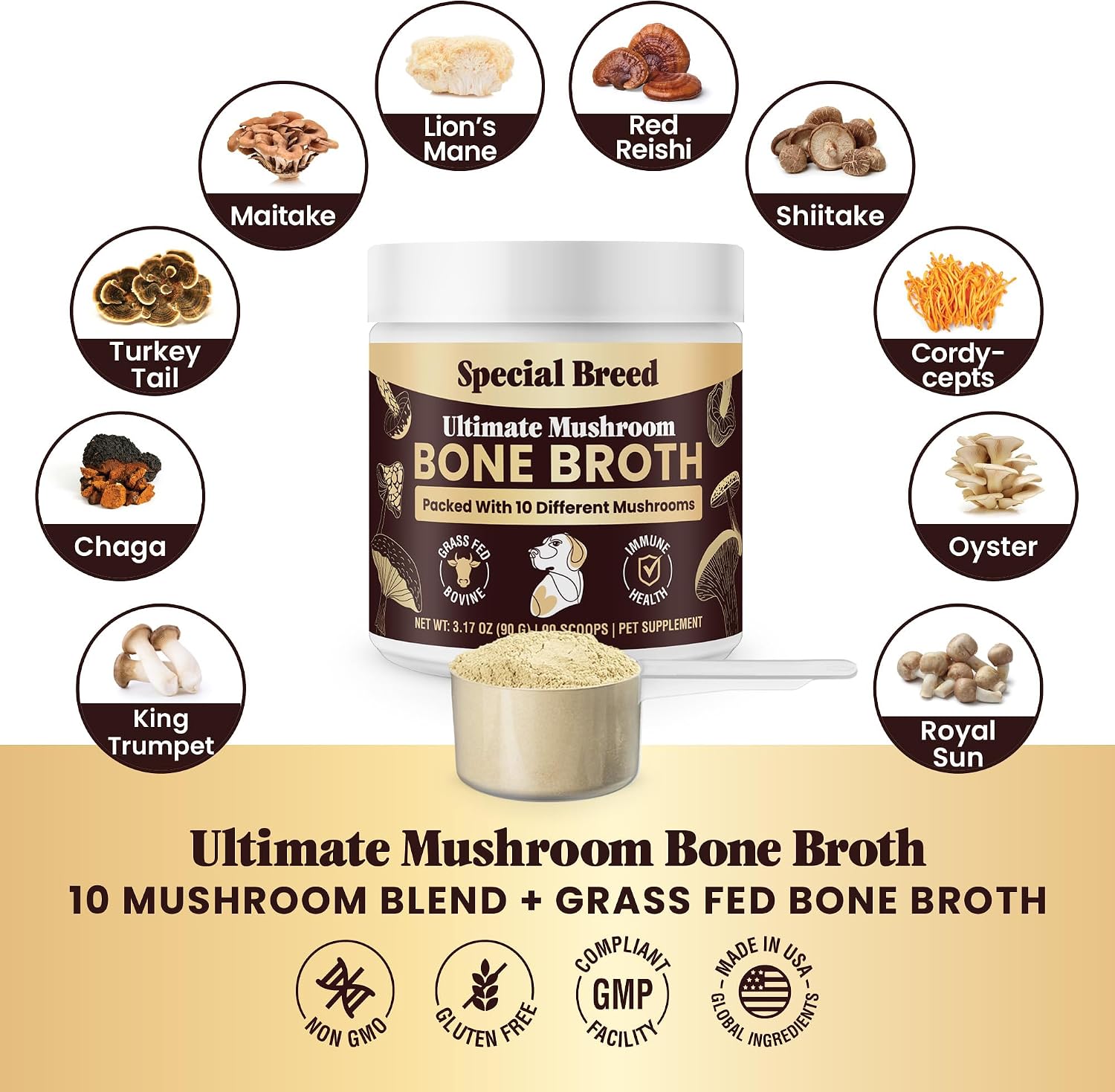 Special Breed Caldo de Huesos de Res para Perros - Proteína Alta con 10 Setas Orgánicas y Colágeno
