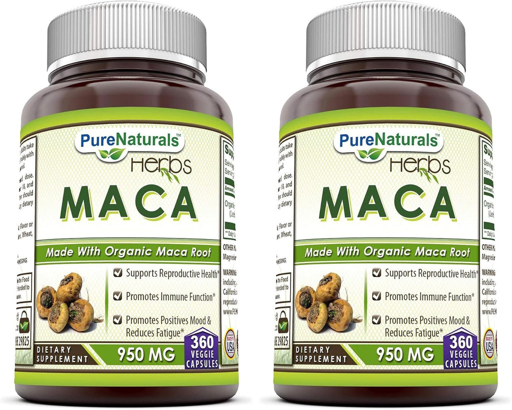 Pure Naturals Maca 950 mg - 360 Cápsulas Vegetales - Complemento Alimenticio No GMO Sin Gluten
