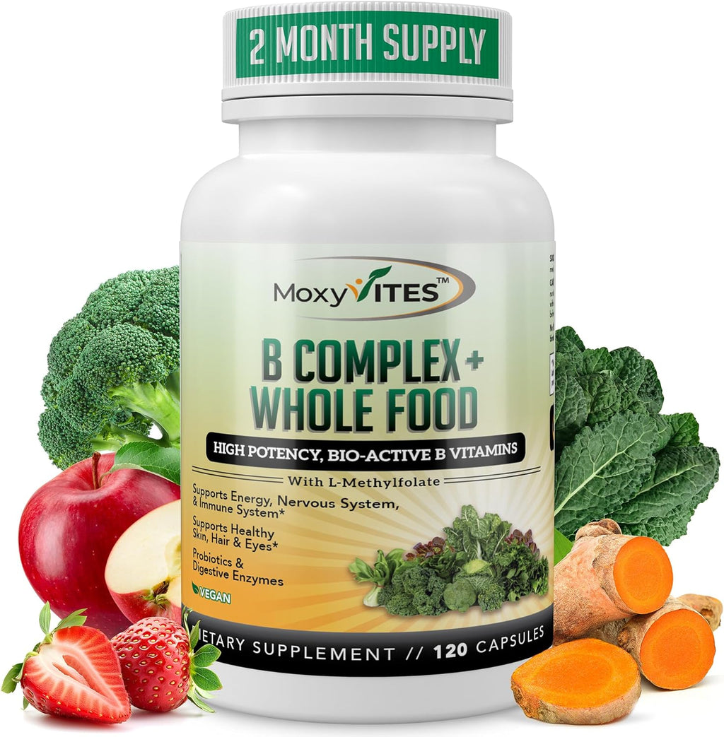 MoxyVites Complejo de Vitaminas B - Suplemento Alimenticio con B12 Metilcobalamina, B1, B2, B3, B5, B6, B7, B9 - Apoyo para Estrés, Energía y Sistema Inmunitario, Vegano, 120 Cápsulas