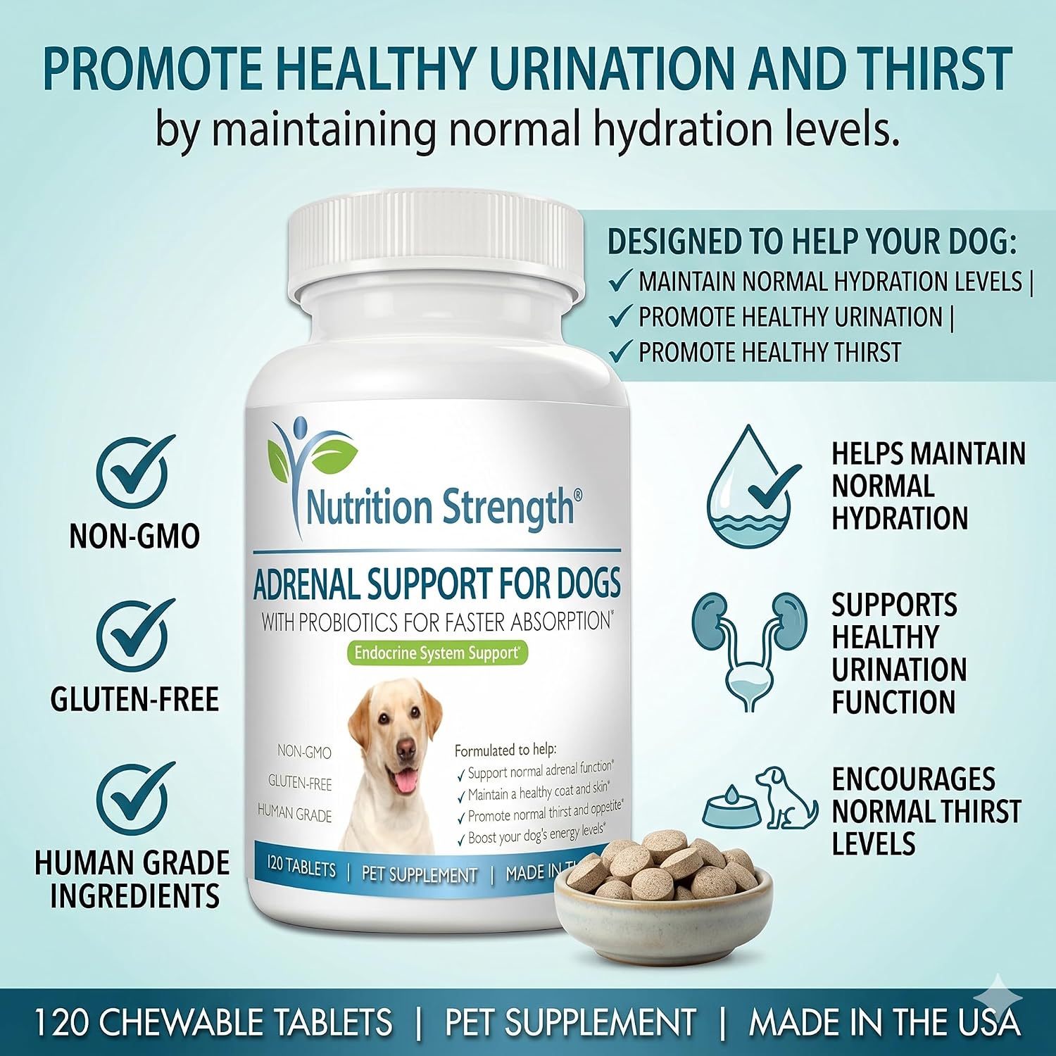 Nutrition Strength Adrenal Support for Dogs - Suplemento Adrenal para Perros, 120 Comprimidos Masticables