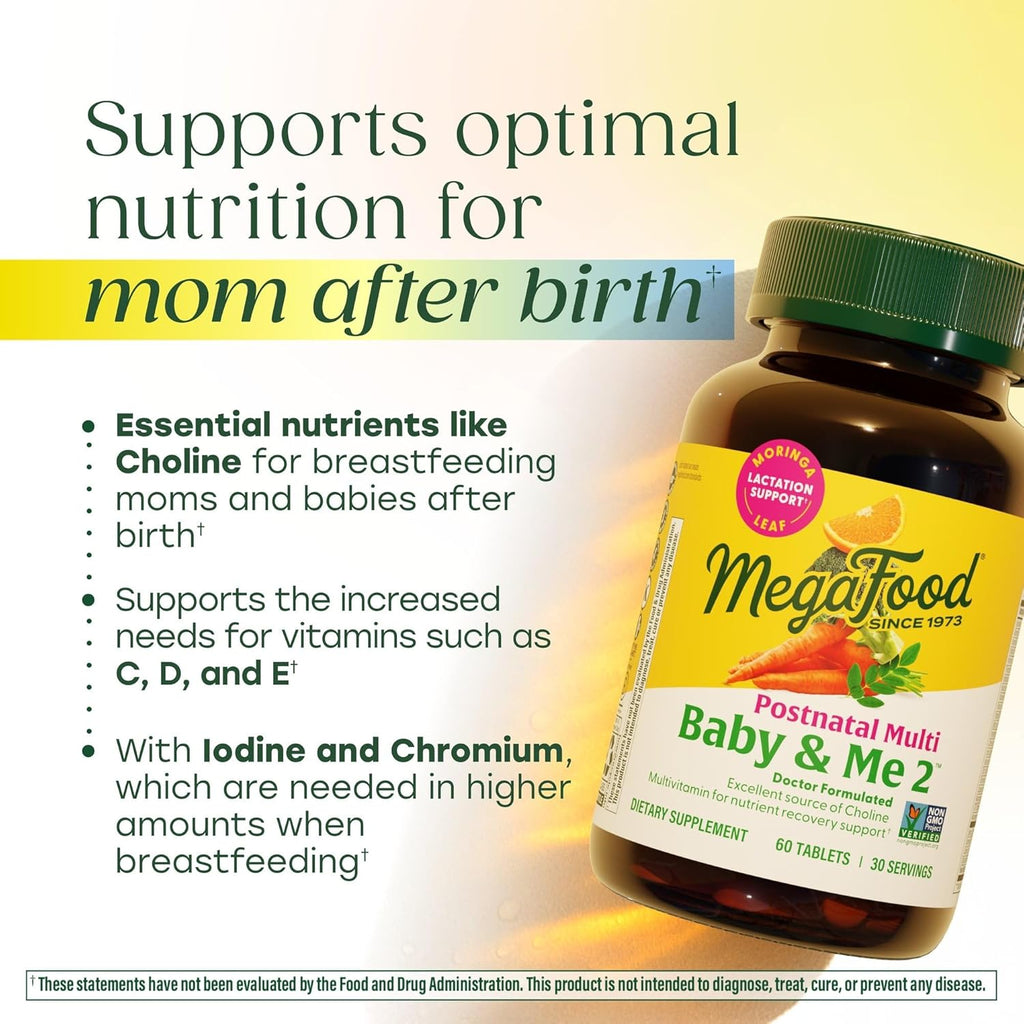 MegaFood Baby & Me 2 Vitaminas Postnatales para Mujeres en Lactancia con Folato, Colina, Yodo, Vitamina D y Hoja de Moringa - 120 Comprimidos (60 Porciones)