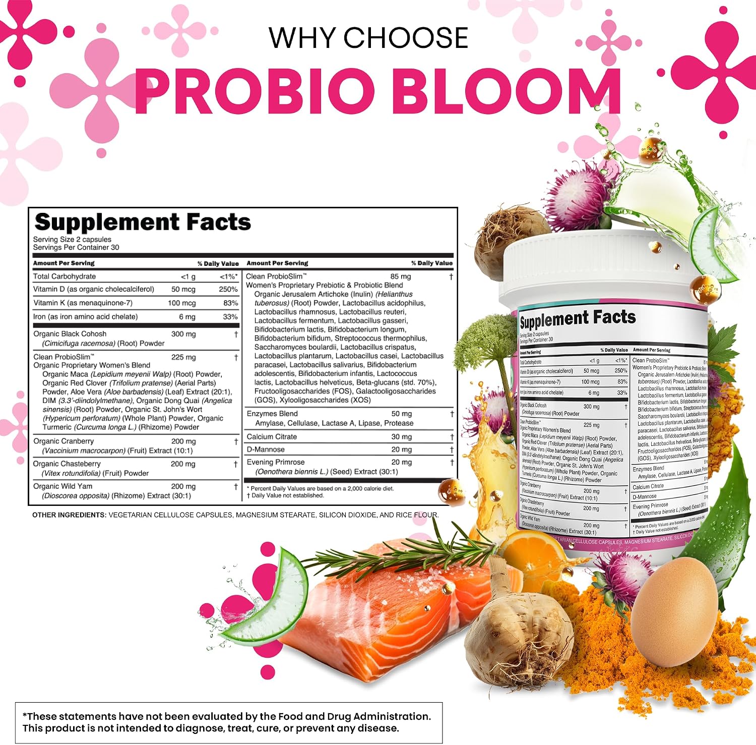 Clean Nutraceuticals Probióticos para Mujeres con D-Manosa, Arándano Rojo, Ñame Salvaje, Sauzgatillo - 20 Cepas Probióticas y Prebióticas - Equilibrio del pH, Probiótico Femenino para la Salud Digestiva - 60 Cápsulas