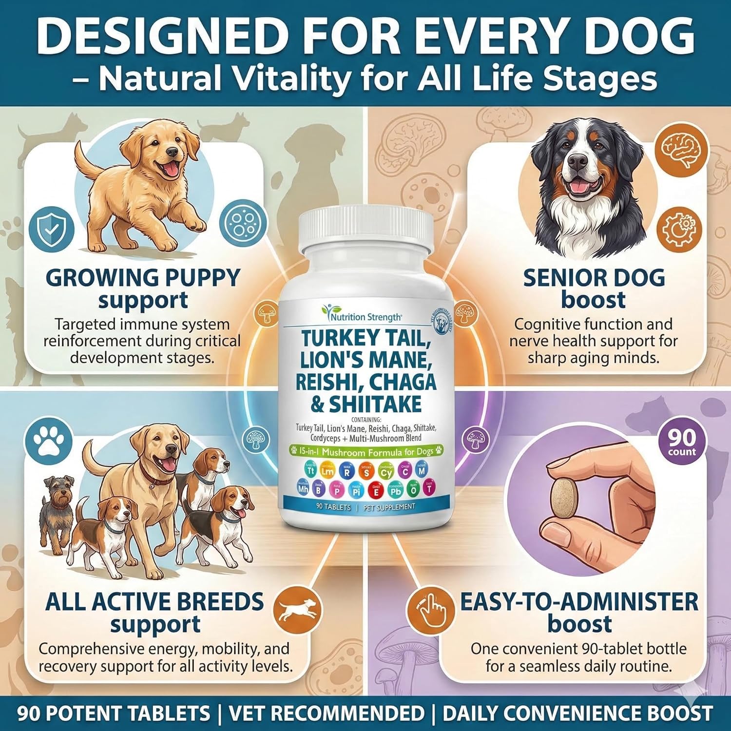 Nutrition Strength 15-in-1 Mushroom Support para Perros - 90 Comprimidos Masticables