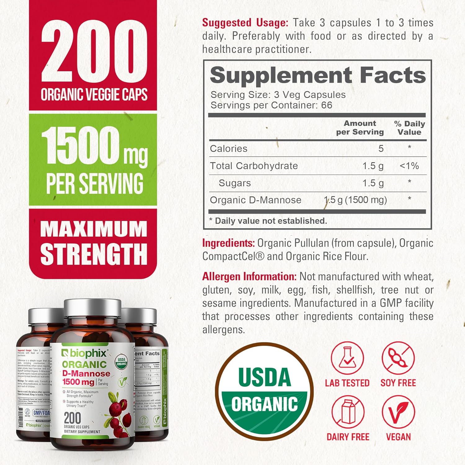 biophix D-Mannose Orgánico 1500 mg, 200 Cápsulas Vegetales