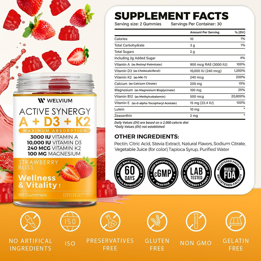 Gominolas de Vitamina D3 K2 10000 UI con Magnesio, Calcio, B12, Luteína, Zeaxantina - Complemento ADK Masticable