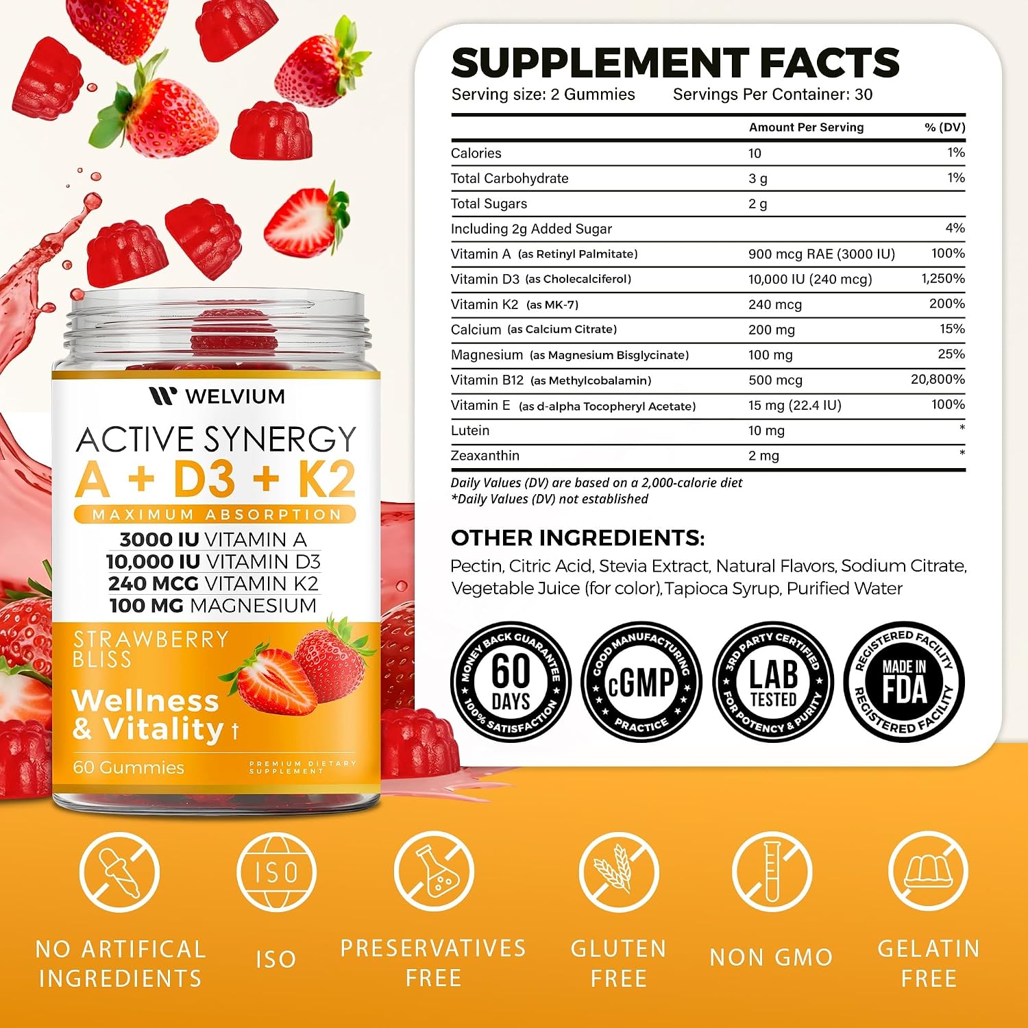 Gominolas de Vitamina D3 K2 10000 UI con Magnesio, Calcio, B12, Luteína, Zeaxantina - Complemento ADK Masticable