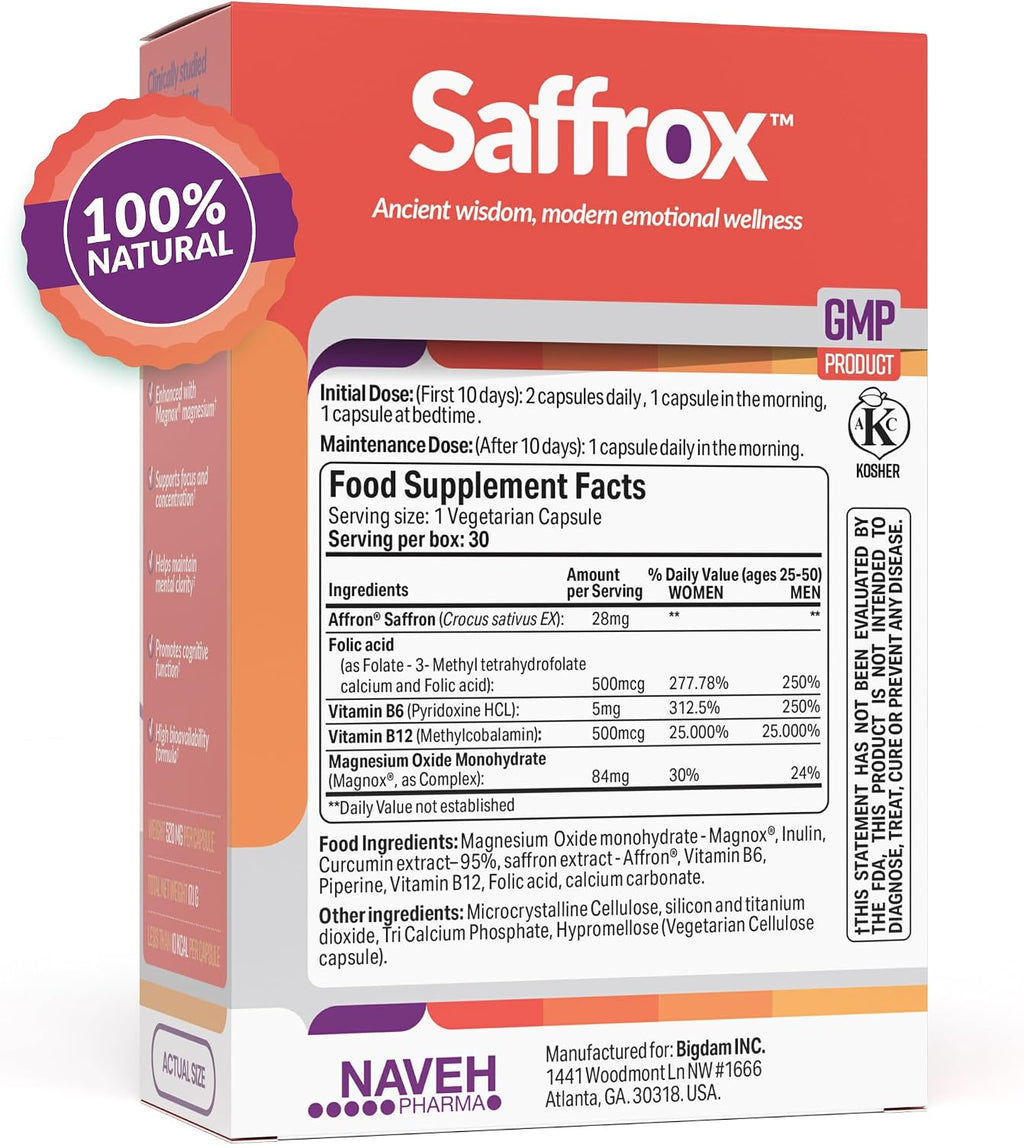 NAVEH PHARMA Saffrox™ Cápsulas de Extracto de Azafrán 28mg | 30 Cápsulas