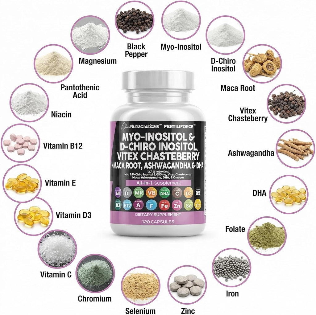 Clean Nutraceuticals Myo-Inositol y D-Chiro Inositol 2050mg - Suplemento de Fertilidad 40:1 - Vitaminas Prenatales con Ashwagandha, Maca, Vitex, Hierro, DHA, Ácido Fólico, DIM, Zinc