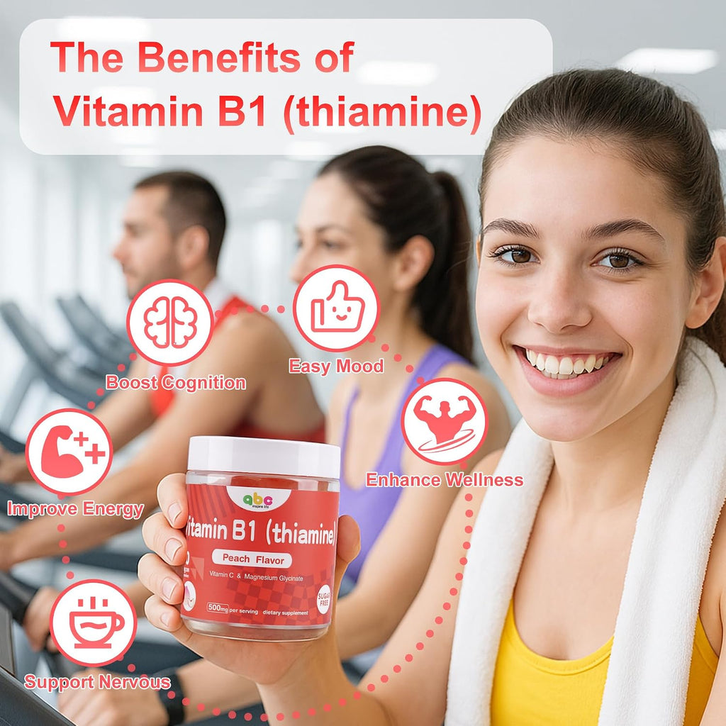 Vitamin B1 Gummies 300mg con Magnesio y Vitamina C – Gomitas de Tiamina para Adultos y Niños – Sabor Melocotón Natural – Sin Azúcar, Vegano, No GMO – 60 Unidades (1 Mes)