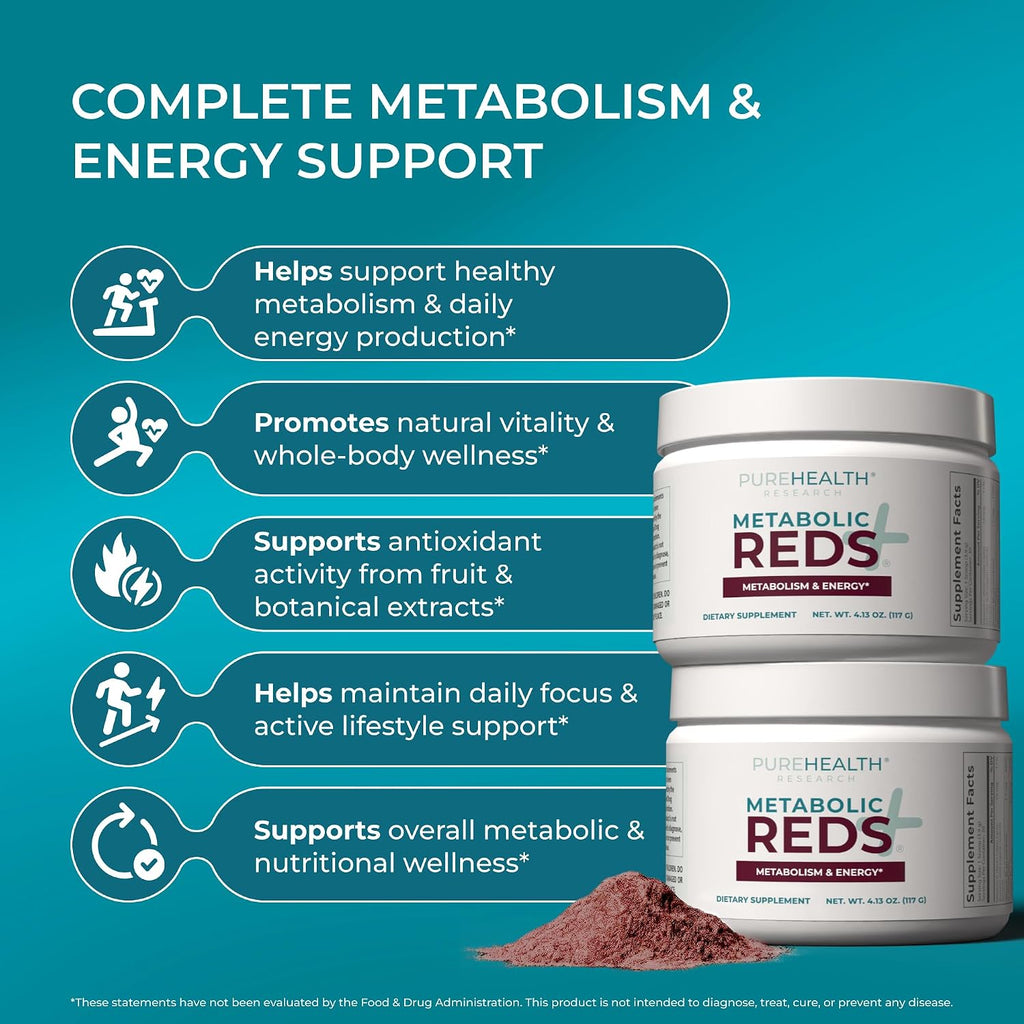 PUREHEALTH RESEARCH Metabolic Reds - Superfood Orgánico en Polvo con Frutas, Verduras, Adaptógenos y Probióticos - 117 g (30 porciones)