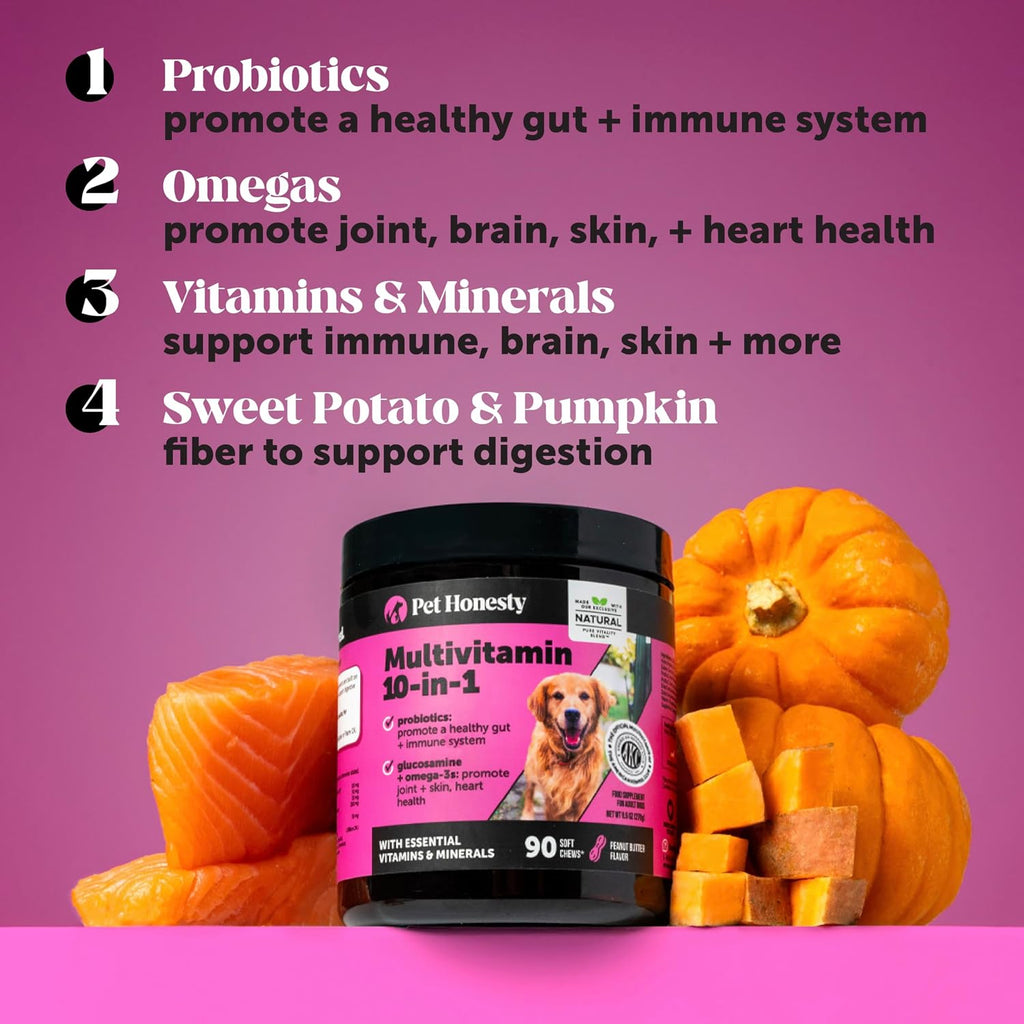 Pet Honesty Suplemento Multivitamínico 10 en 1 para Perros con Glucosamina y Probióticos - 90 Comprimidos Sabor Pollo