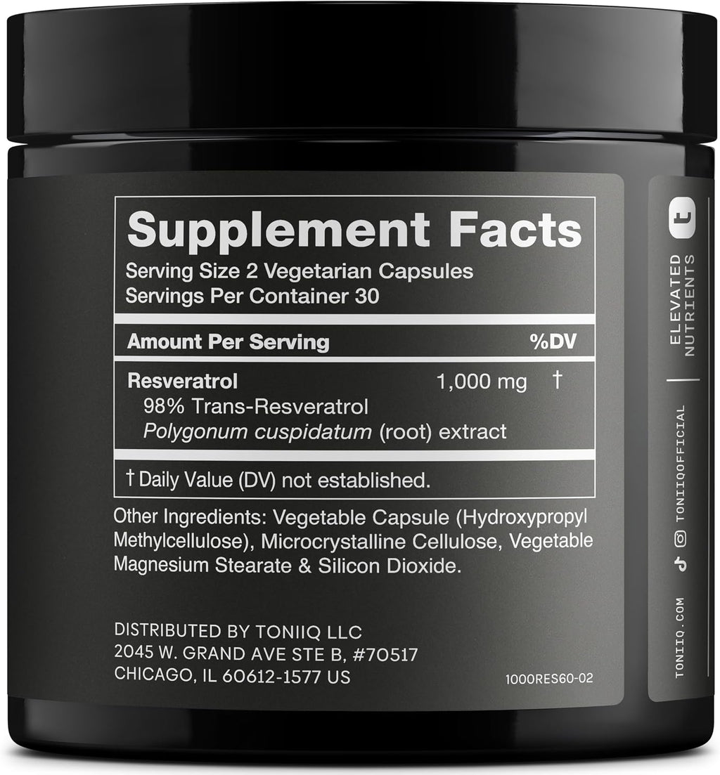 Ultra High Potency Trans Resveratrol 1000mg - 98% Puro - Extracto de Raíz de Polygonum - 60 Cápsulas