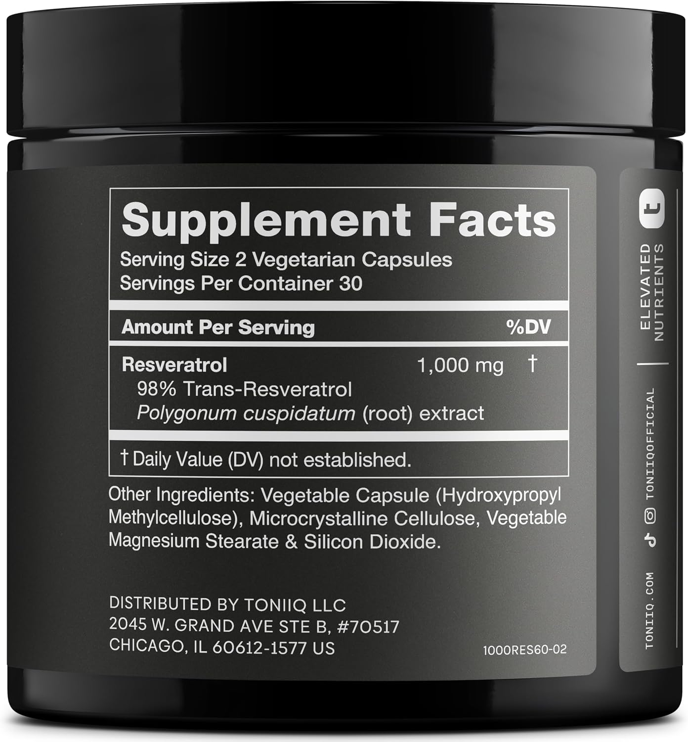 Ultra High Potency Trans Resveratrol 1000mg - 98% Puro - Extracto de Raíz de Polygonum - 60 Cápsulas