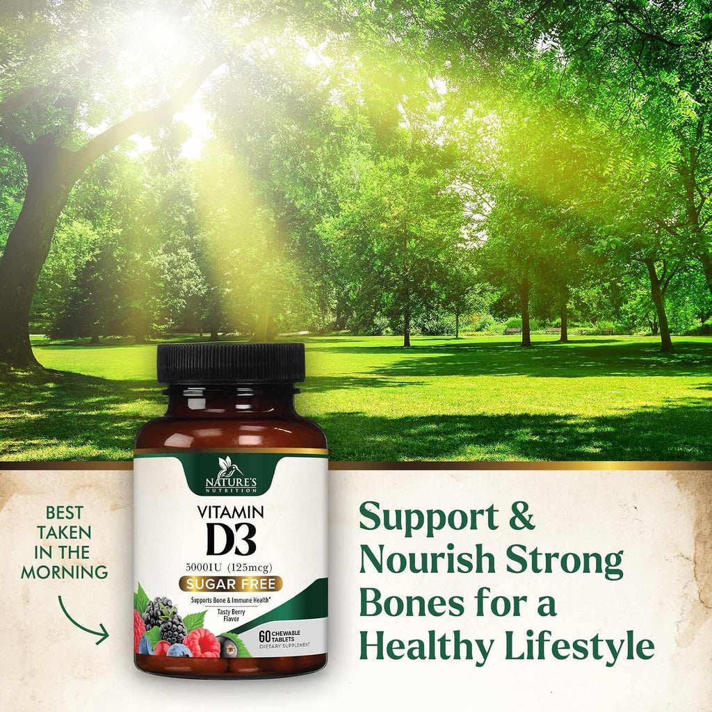 Vitamina D3 5000 UI (125 mcg) por Dosis - Comprimidos Masticables Extra Fuertes sin Azúcar - Apoyo Inmunitario, Huesos, Dientes y Músculos - Sin Gluten - 60 Comprimidos
