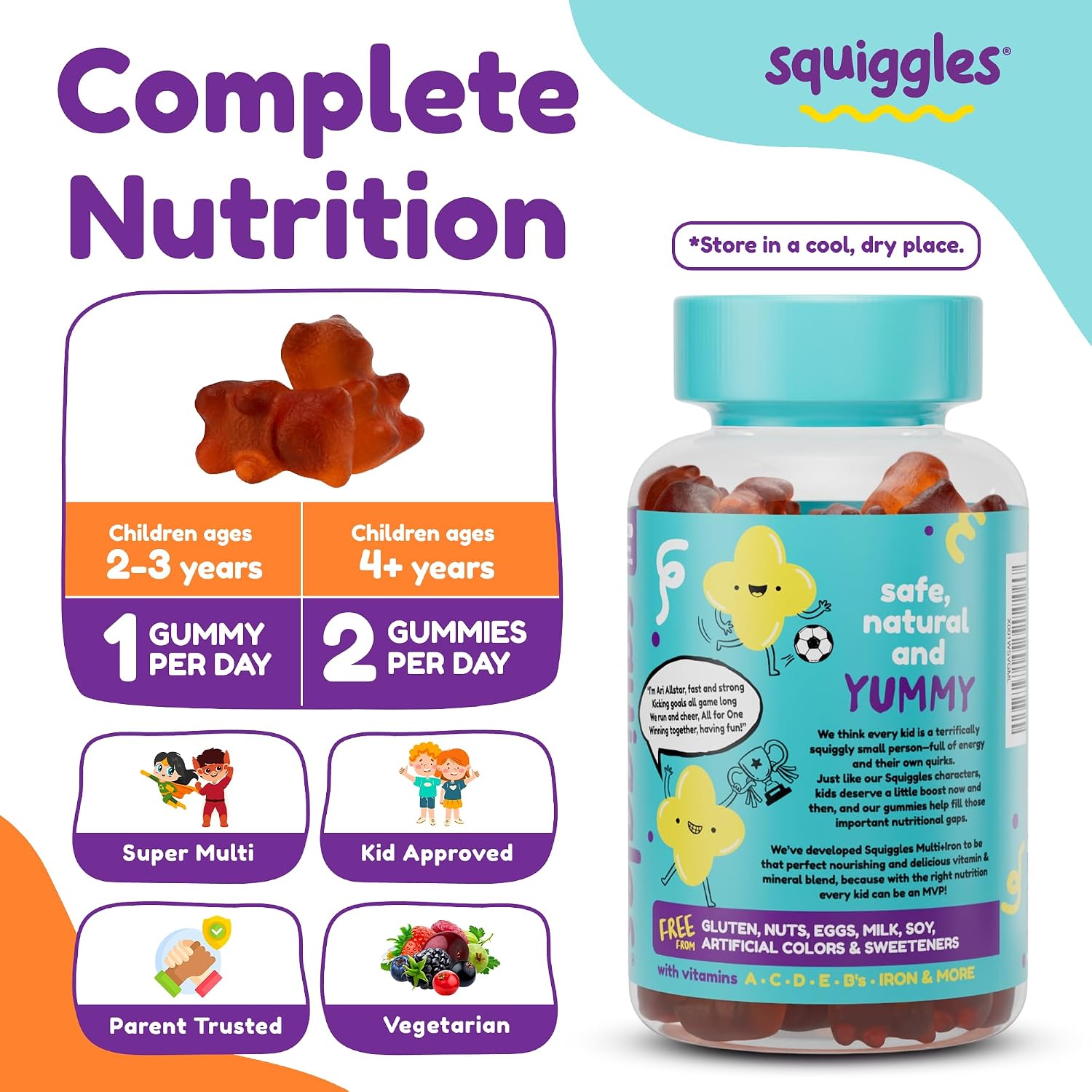 Squiggles Multivitamínico Infantil + Hierro Gomitas - Bajo en Azúcar - 100 Gomitas