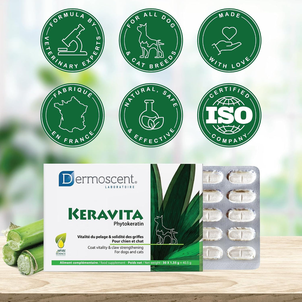 Dermoscent Keravita® Suplemento Alimenticio para la Piel y el Pelaje de Perros y Gatos - 30 Comprimidos Sabor a Pollo