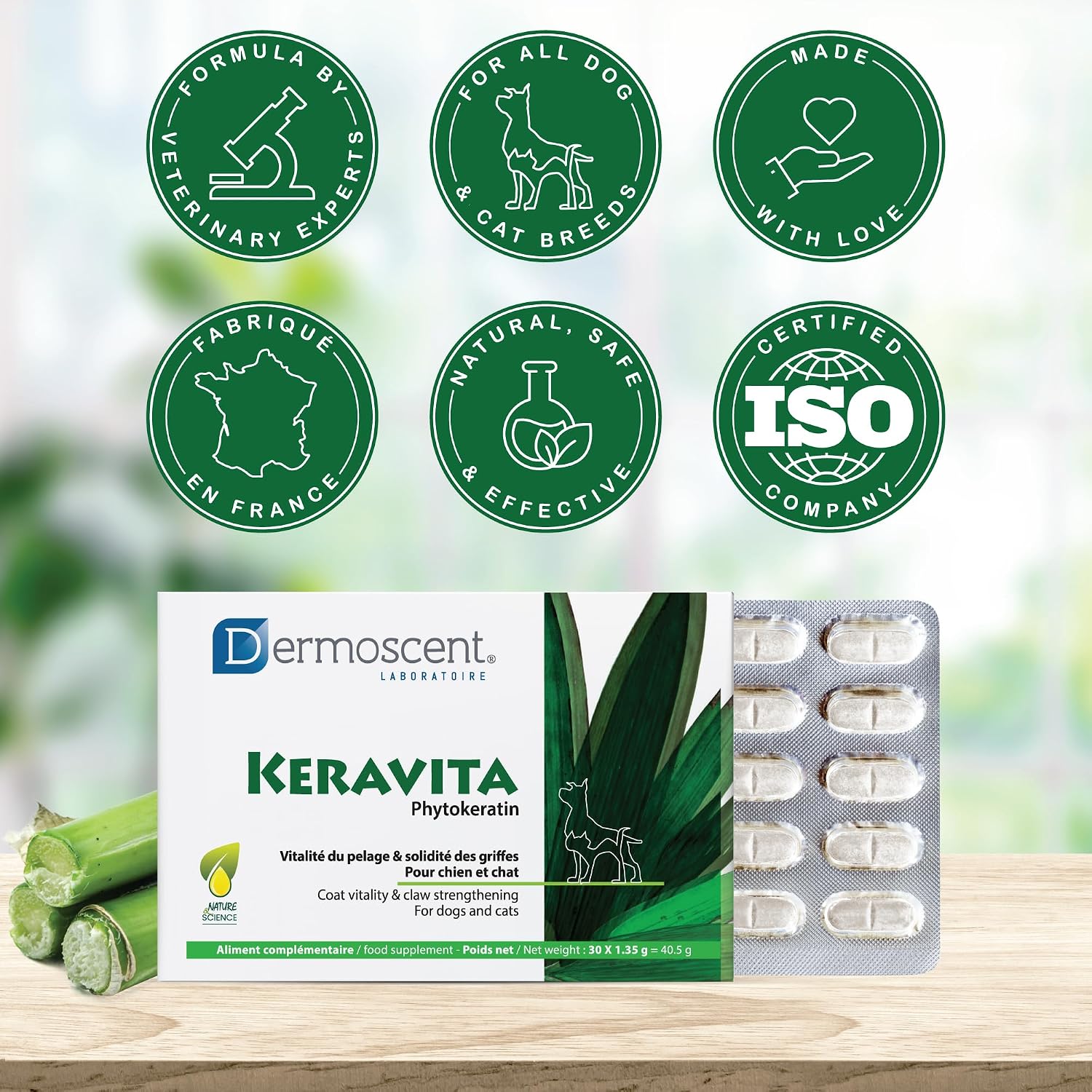 Dermoscent Keravita® Suplemento Alimenticio para la Piel y el Pelaje de Perros y Gatos - 30 Comprimidos Sabor a Pollo