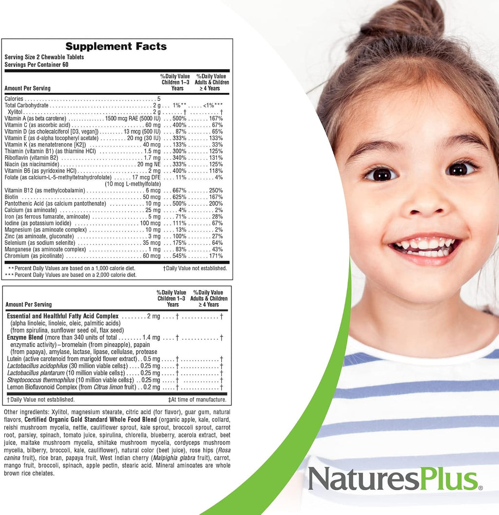 NaturesPlus Animal Parade Gold Children's Chewable Multivitamin - Natural Cherry Flavor - 120 Animal-Shaped Tablets - with Vitamin D3, K2 & Probiotics - Gluten-Free & Vegetarian - 60 Servings