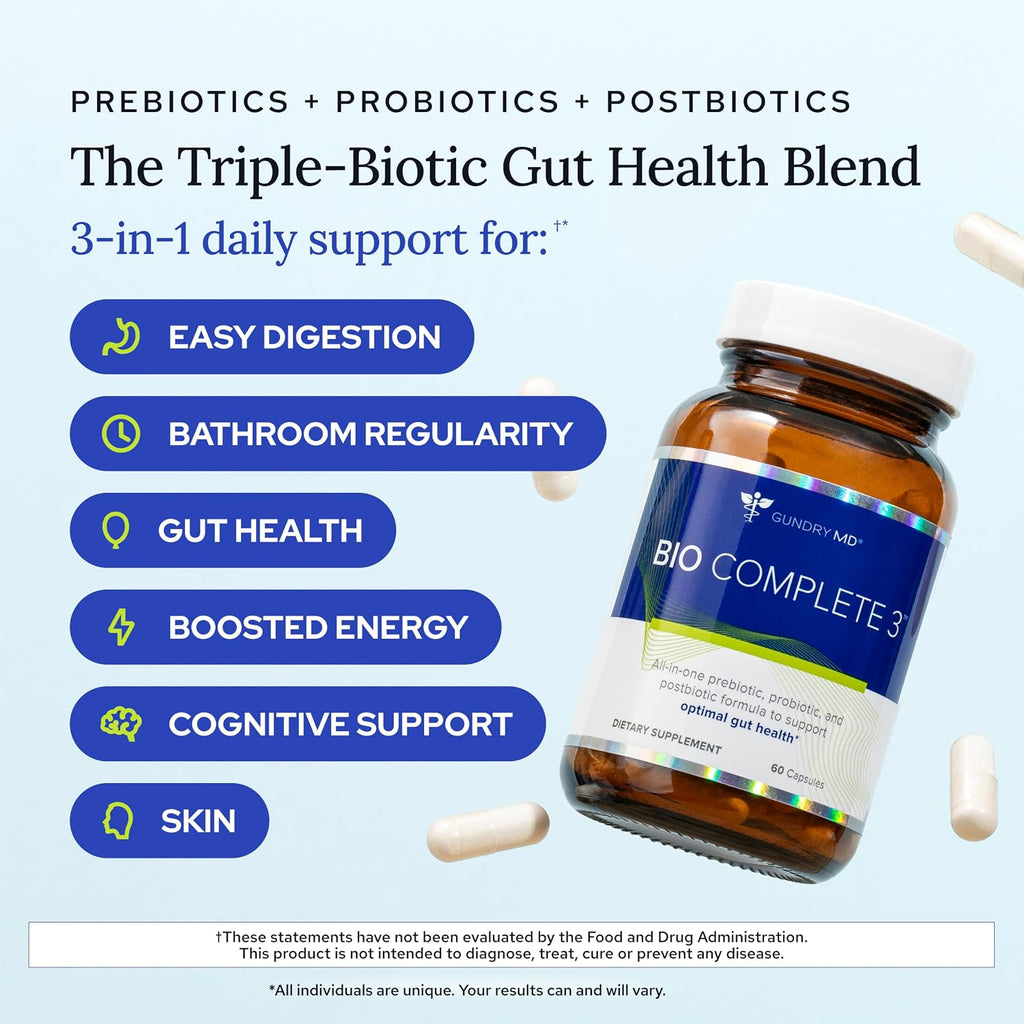 Gundry MD® Bio Complete 3 - Prebiótico, Probiótico, Postbiótico para la Salud Intestinal (Pack 90 Días)