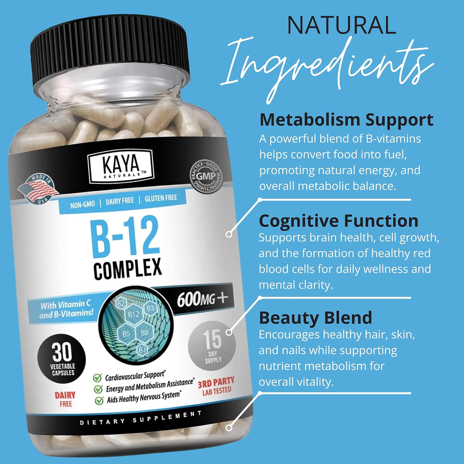 Kaya Naturals B-12 Complex | Complejo B con Biotina, Colina, Inositol, Folato y Vitamina C - 30 Cápsulas