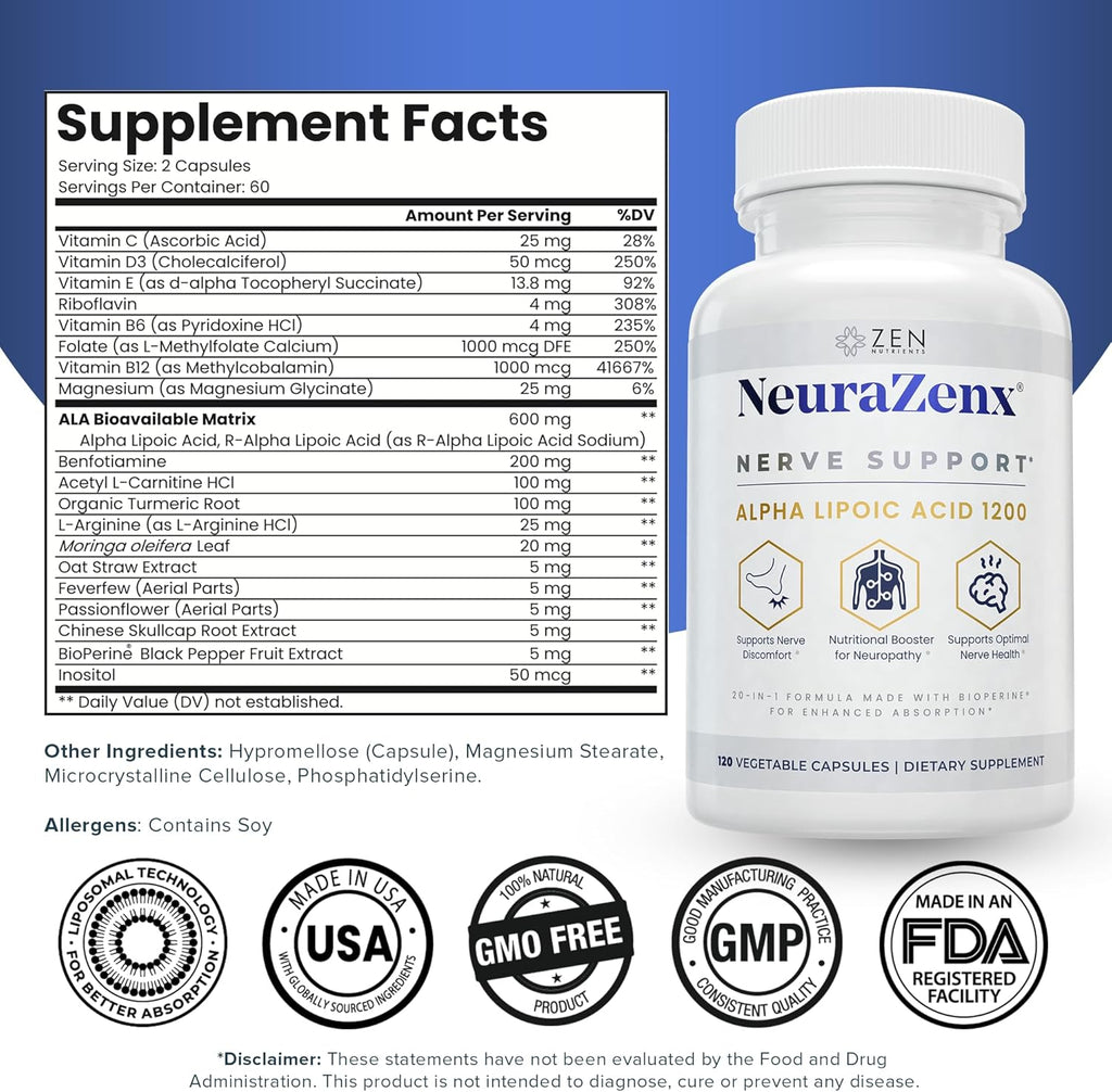 Zen Nutrients NeuraZenX - Suplemento de Apoyo Nervioso con Ácido Alfa Lipoico, Benfotiamina, L-Carnitina y Cúrcuma