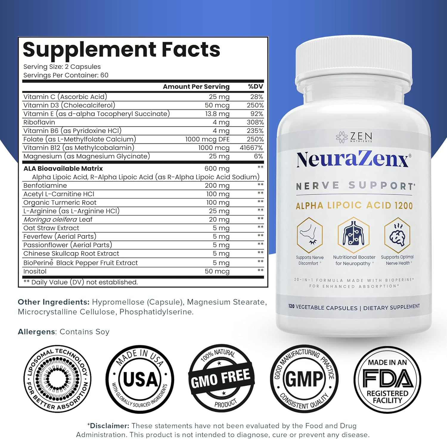 Zen Nutrients NeuraZenX - Suplemento de Apoyo Nervioso con Ácido Alfa Lipoico, Benfotiamina, L-Carnitina y Cúrcuma