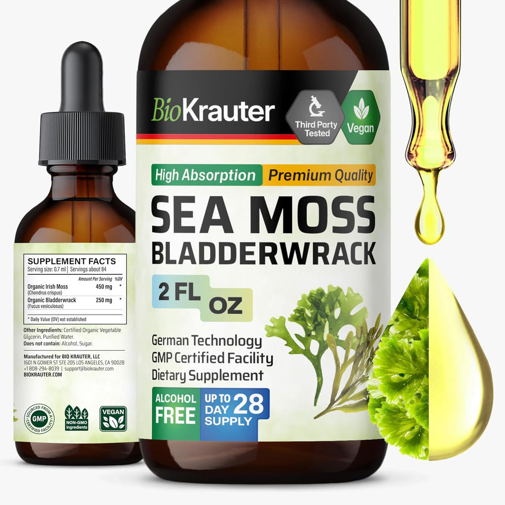 BIO KRAUTER® 2-in-1 Sea Moss y Bladderwrack Gotas – Suplemento Vegano de Algas Marinas, 59 ml