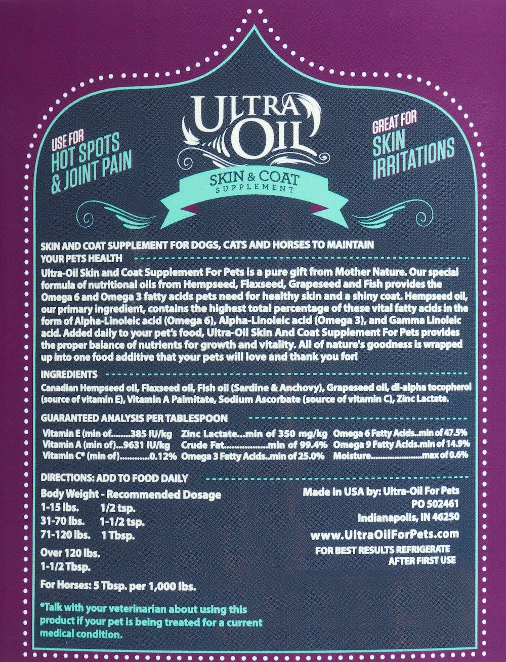 Ultra Oil Suplemento para Piel y Pelaje de Perros y Gatos con Aceite de Pescado, Cáñamo, Linaza y Uva - 3.785 Litros