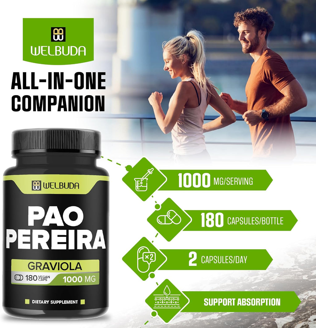 180 Cápsulas - Extracto de Pao Pereira 10:1 (600mg) con Graviola (400mg) - Fórmula Combinada