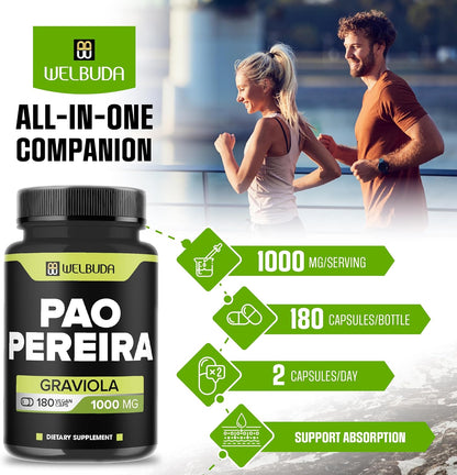 180 Cápsulas - Extracto de Pao Pereira 10:1 (600mg) con Graviola (400mg) - Fórmula Combinada