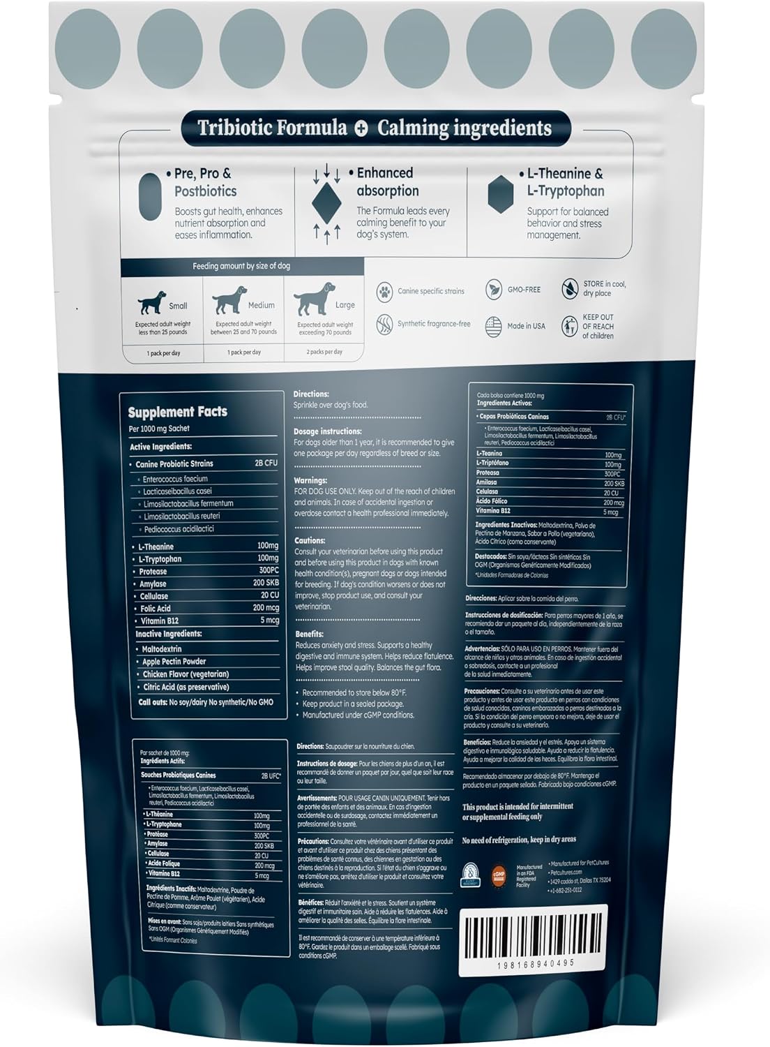 PetCultures Calming Tribiotic – Suplemento calmante para perros (10 sobres)