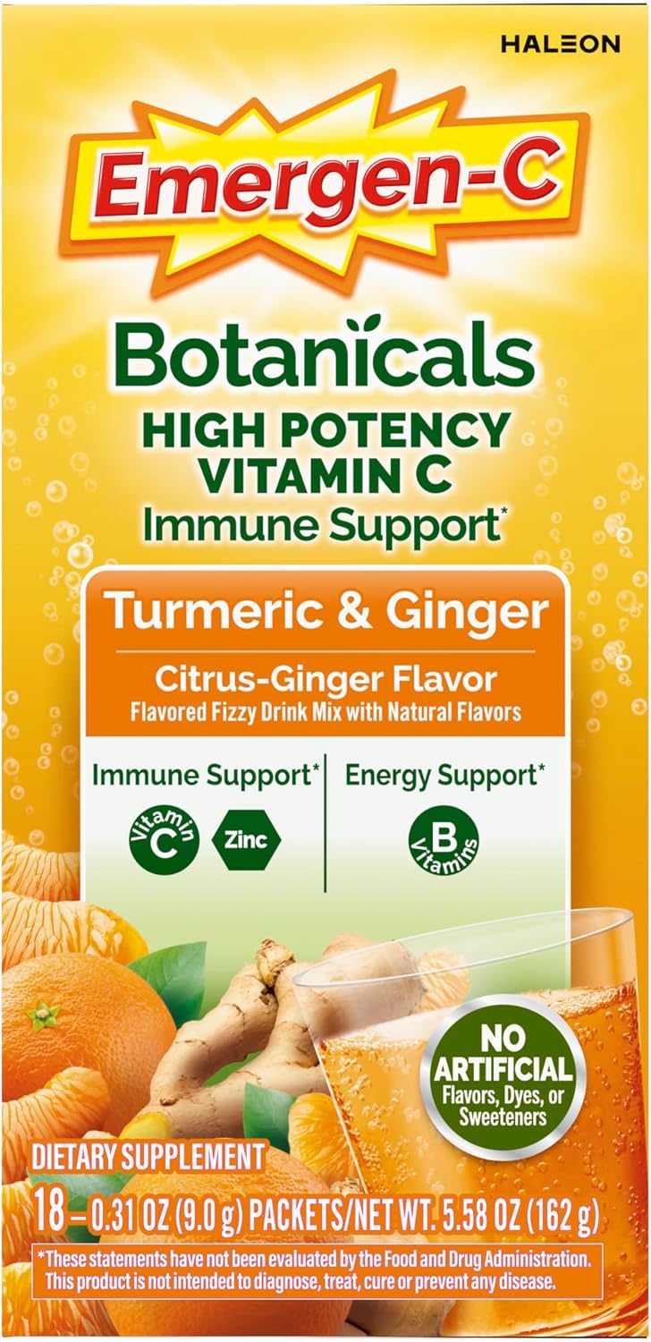 Emergen-C Citrus-Ginger Mezcla Efervescente con Vitamina C, Cúrcuma y Jengibre, 18 Sobres