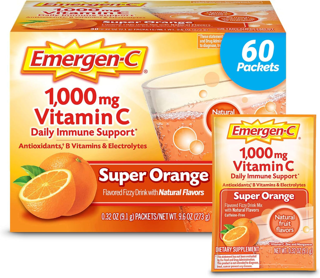 Emergen-C 1000mg Vitamina C en Polvo Sabor Naranja - 60 Sobres (2 Meses)