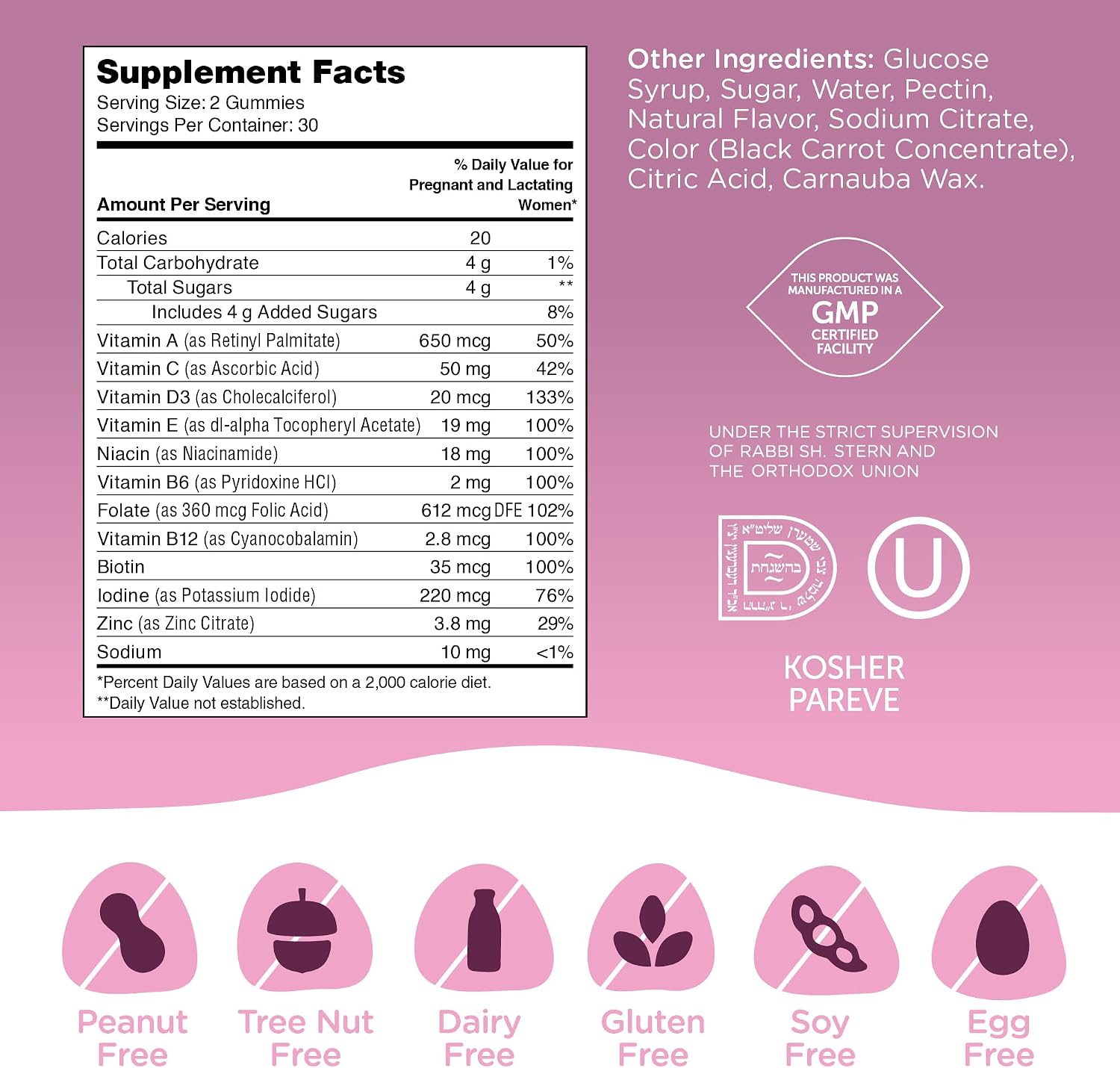 Zahler Prenatal Gummies - Apoya el Desarrollo Fetal para Futuras Mamás - Ácido Fólico y Vitamina A para el Apoyo General de la Salud - Kosher, Sin Gluten y Aptas para Vegetarianos - 60 Gominolas, 30 Porciones