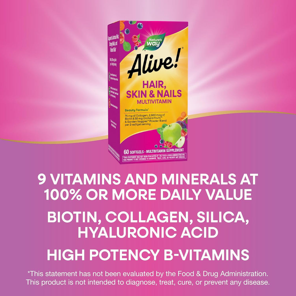Nature's Way Alive! Multivitamínico para Cabello, Piel y Uñas con Colágeno y Biotina, 60 Cápsulas Blandas