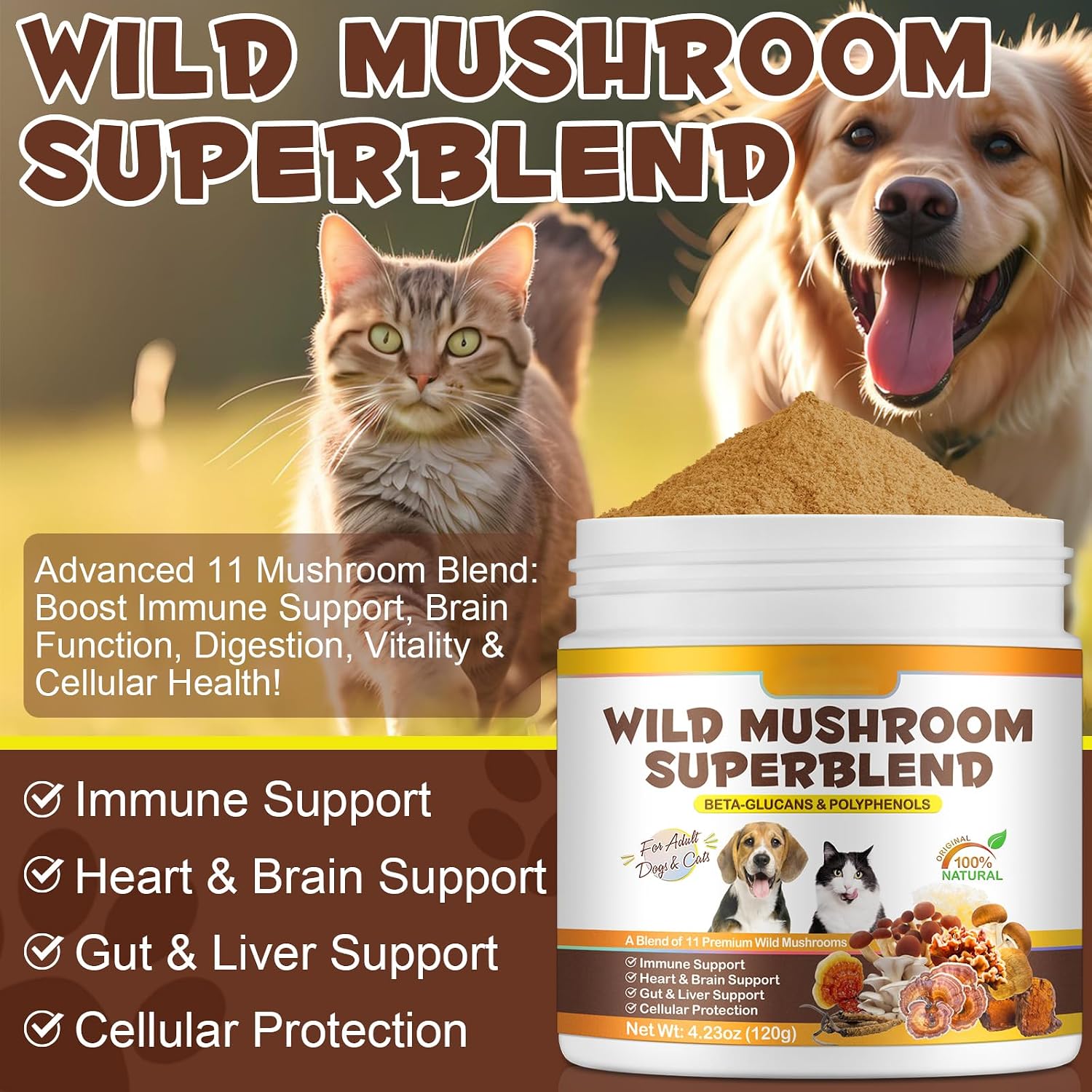 FANGCUN Polvo de Hongos para Perros y Gatos - Mezcla de 11 Setas, Sabor a Bacon, 120g