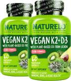 NATURELO Vitamina D3 K2 - Vegano con D3 de Liquen y K2 MK-7 - 60 Cápsulas (Pack de 2)