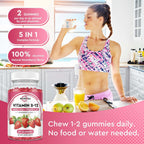 Vitamin B12 Gummies 5000 mcg con Hierro, Vitamina C, D3 y Folato - Complemento Alimenticio en Gominolas Sabor Fresa