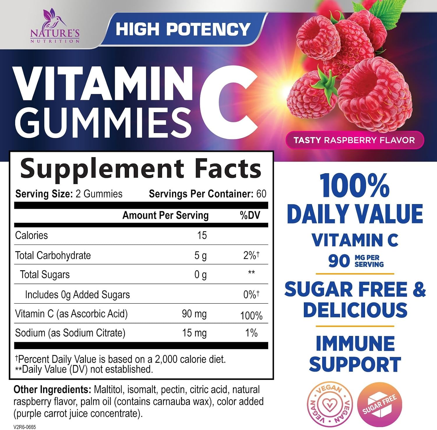 Gominolas de Vitamina C Sin Azúcar - Apoyo Inmune y Antioxidante - Vegano, Sin Gluten - Sabor Frambuesa - 120 Gominolas